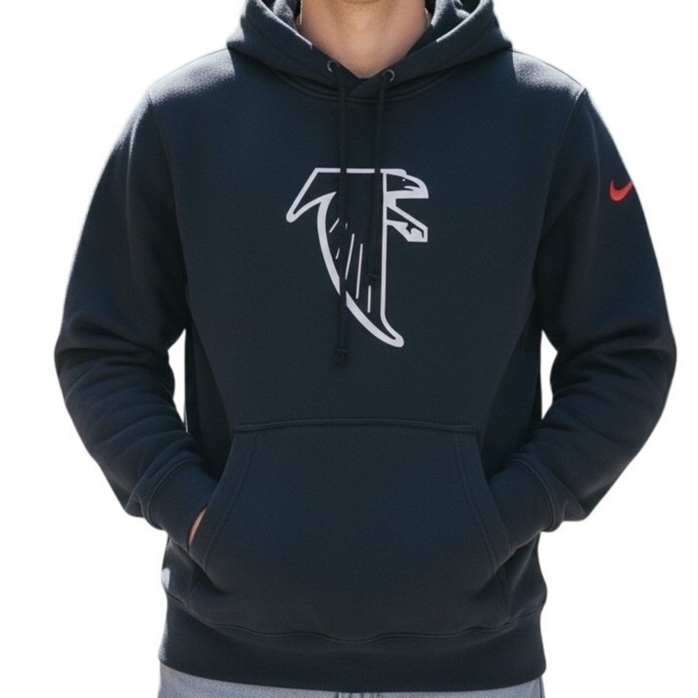 Nike Falcons Hoodie Mens Medium Black NFL Pullover Fleece Red Swoosh Logo